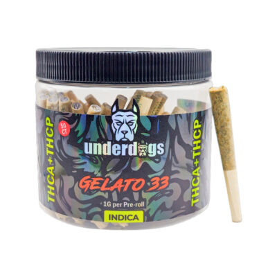 Underdogs Pre-rolls – 50ct Jar – THCA + THCP – 50ct – Indica – 1g per Pre-roll – Gelato 33